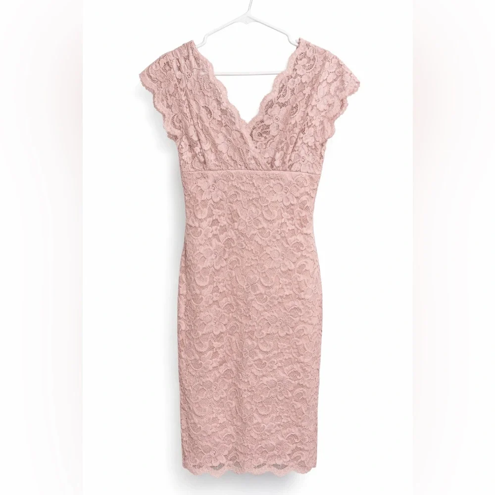 Marina Blush Pink Lace Sheath Dress Size 4 Cocktail Wedding Guest- knee length - Picture 2 of 5